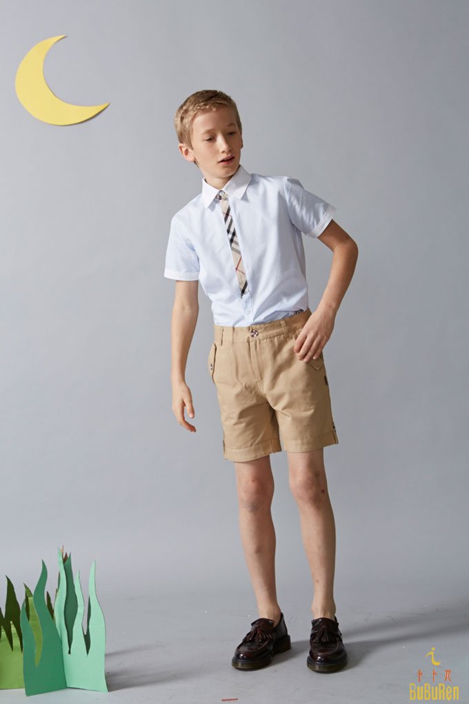 浅蓝短袖衬衣搭配卡色短裤男夏季校服套装